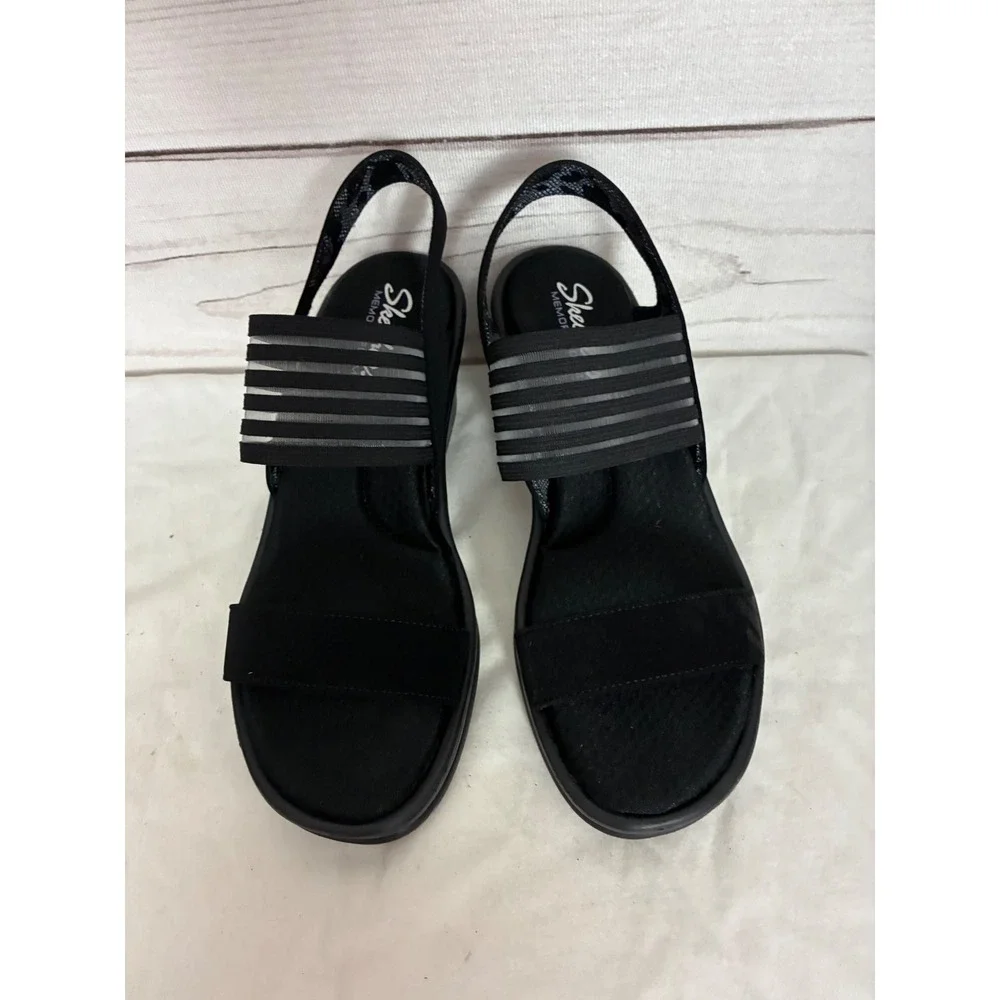 Skechers Rumblers Wild Child Black Wedge Sandals Memory Foam 38472 Womens 9